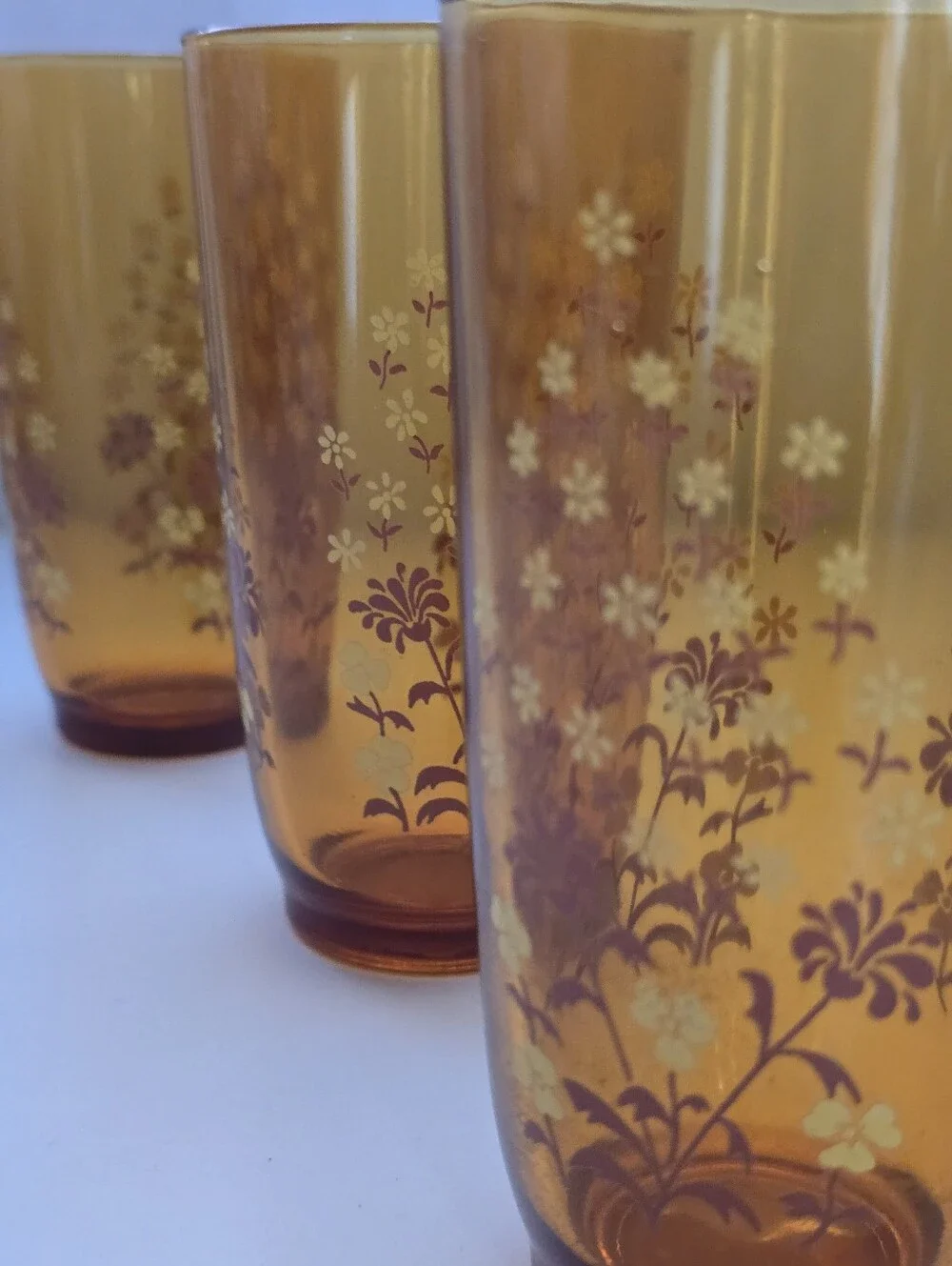 Vintage Amber Floral Drinking Glasses Set of 3 Made in Brazil